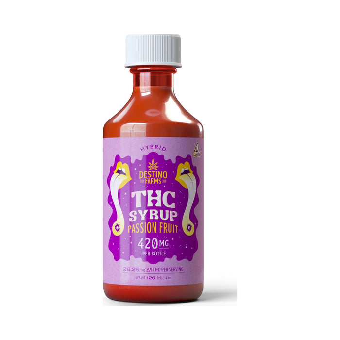 Destino Farms Delta 9 THC Syrup 420mg (120mL) Passion Fruit syrup bottle