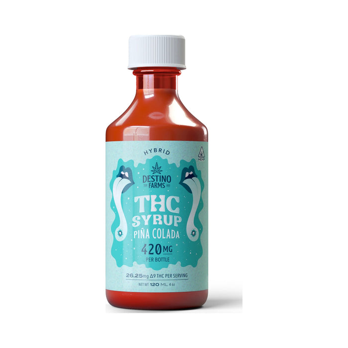 Destino Farms Delta 9 THC Syrup 420mg (120mL) Pina Colada syrup bottle