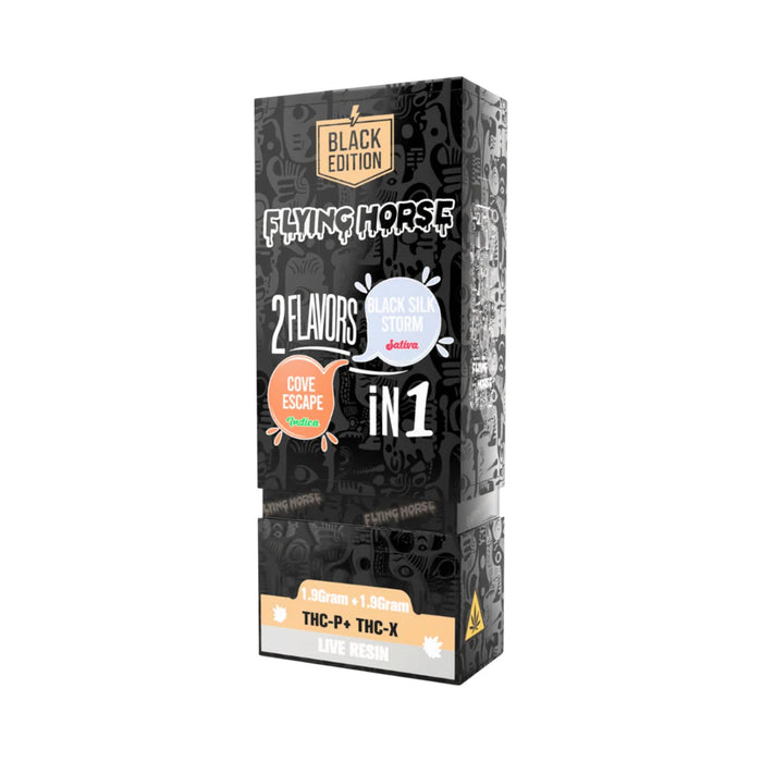 Flying Horse Black Edition Live Resin Hemp THCP Disposable Vape 3.8g Cove Escape and Black Silk Storm front | CBDdatabase.com