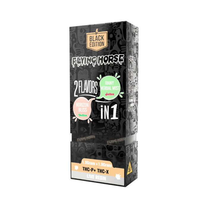 Flying Horse Black Edition Live Resin Hemp THCP Disposable Vape 3.8g Horizon Bliss and Rainy Herbal Mist front | CBDdatabase.com