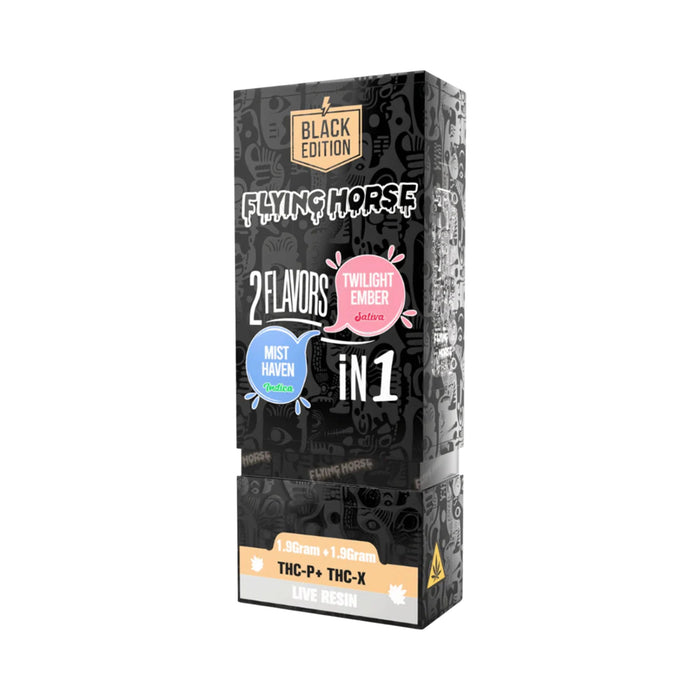 Flying Horse Black Edition Live Resin Hemp THCP Disposable Vape 3.8g Mist Haven and Twilight Ember front | CBDdatabase.com