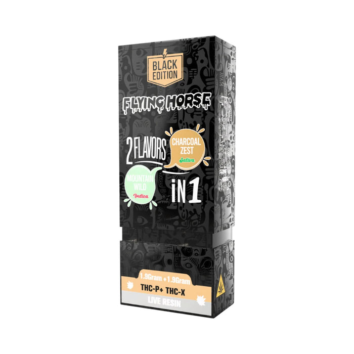 Flying Horse Black Edition Live Resin Hemp THCP Disposable Vape 3.8g Mountain Wild and Charcoal Zest front | CBDdatabase.com