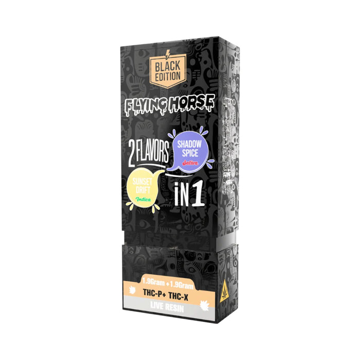 Flying Horse Black Edition Live Resin Hemp THCP Disposable Vape 3.8g Sunset Drift and Shadow Spice front | CBDdatabase.com