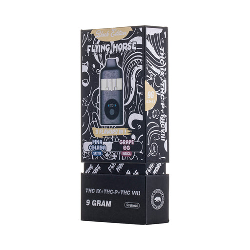 Flying Horse Black Edition Hemp Disposable Vape 9g Pina Colada and Grape OG front | CBDdatabase.com