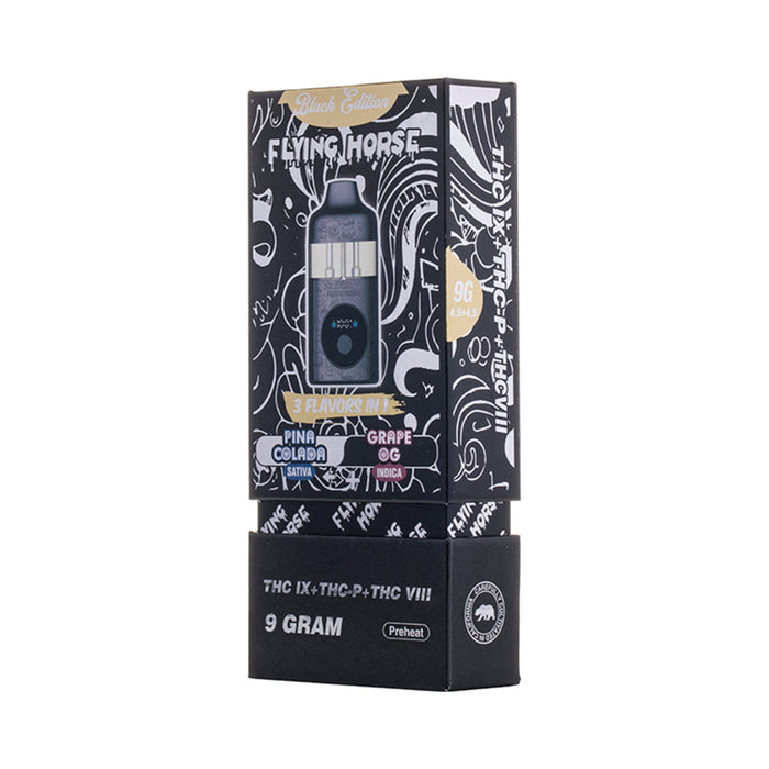 Flying Horse Black Edition Hemp Disposable Vape 9g Pina Colada and Grape OG front | CBDdatabase.com