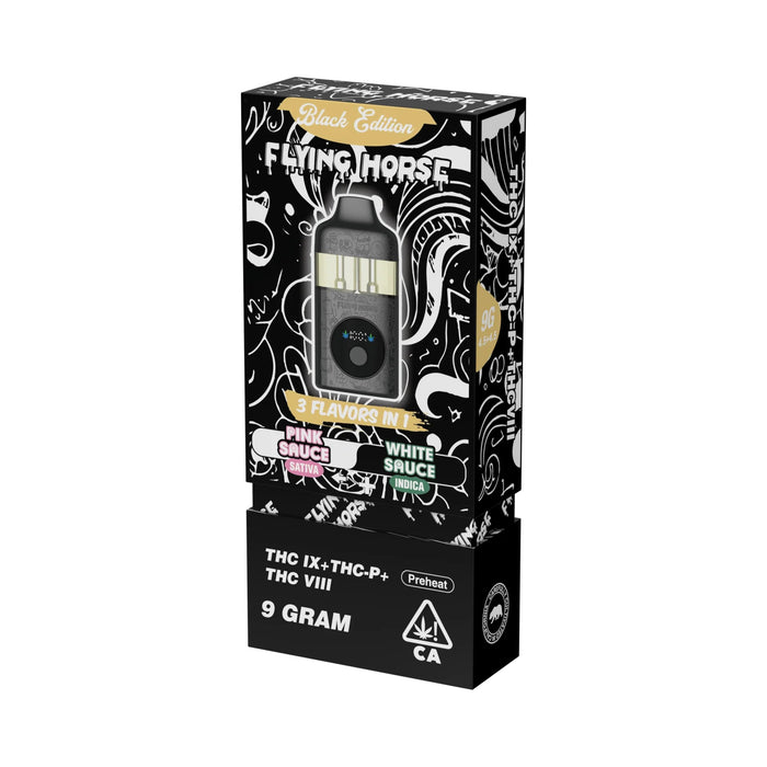 Flying Horse Black Edition Hemp Disposable Vape 9g Pink Sauce and White Sauce front | CBDdatabase.com