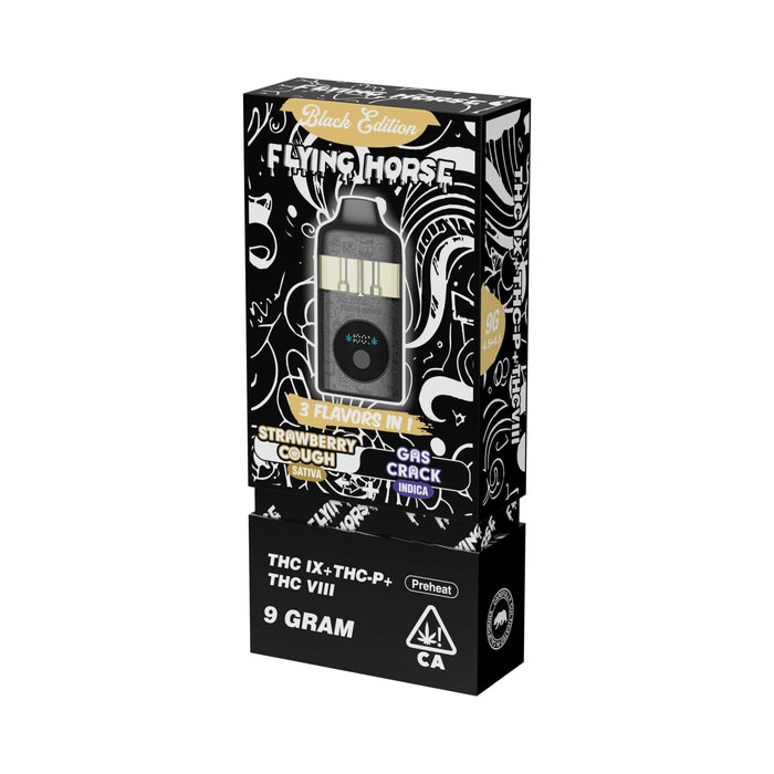 Flying Horse Black Edition Hemp Disposable Vape 9g Strawberry Cough and Gas Crack front | CBDdatabase.com