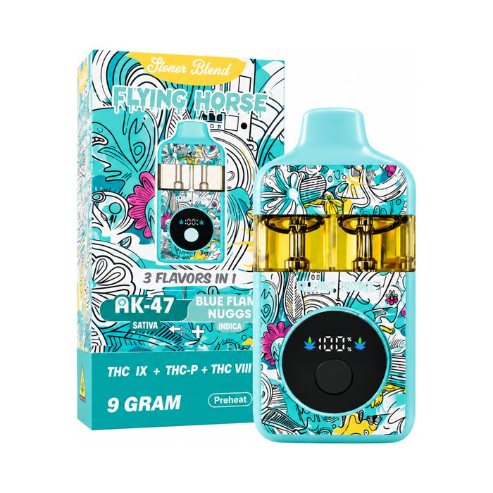 Flying Horse Stoner Blend 3 in 1 Hemp Disposable Vape 9g AK-47 and Blue Flame Nuggets front | CBDdatabase.com