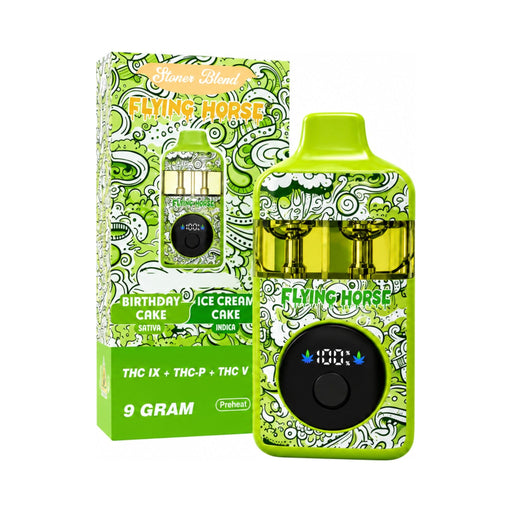 Flying Horse Stoner Blend 3 in 1 Hemp Disposable Vape 9g Birthday Cake and Ice Cream Cake front | CBDdatabase.com
