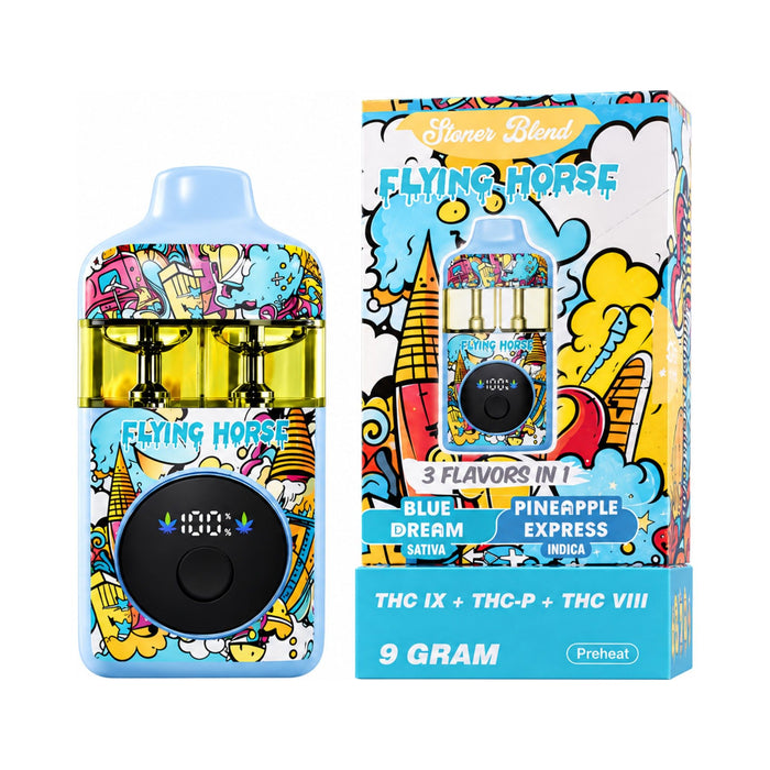 Flying Horse Stoner Blend 3 in 1 Hemp Disposable Vape 9g Blue Dream and Pineapple Express front | CBDdatabase.com