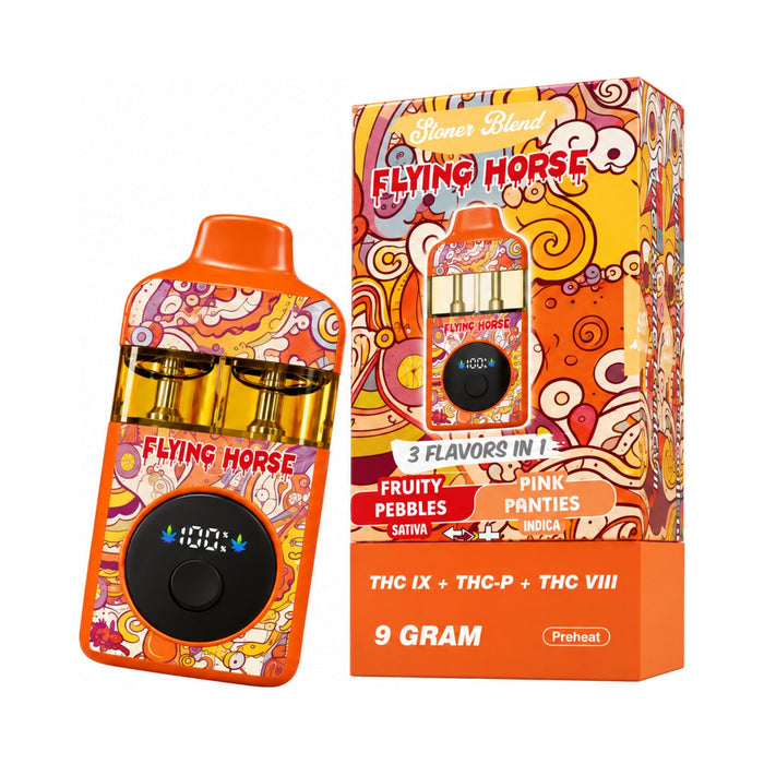 Flying Horse Stoner Blend 3 in 1 Hemp Disposable Vape 9g Fruity Pebbles and Pink Panties front | CBDdatabase.com