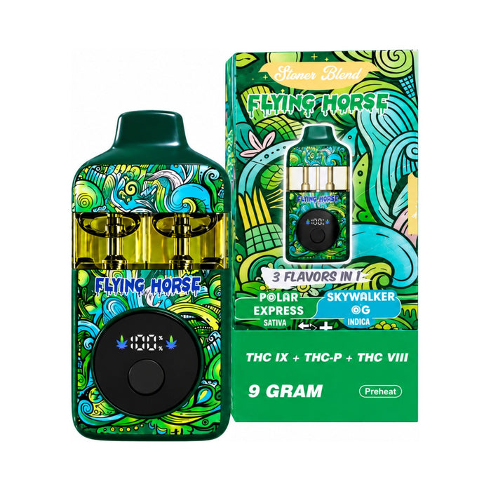 Flying Horse Stoner Blend 3 in 1 Hemp Disposable Vape 9g Polar Express and Skywalker OG front | CBDdatabase.com
