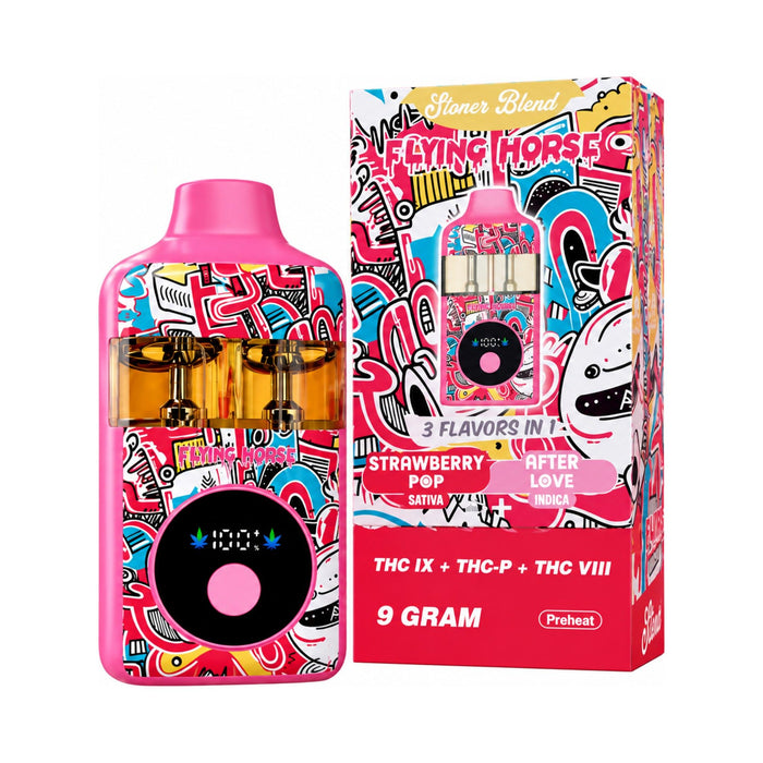 Flying Horse Stoner Blend 3 in 1 Hemp Disposable Vape 9g Strawberry Pop and After Love front | CBDdatabase.com