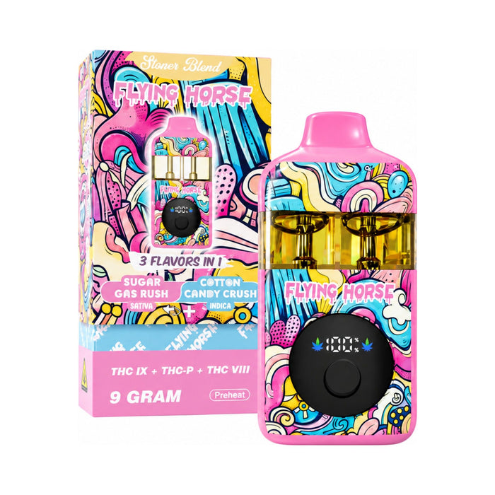 Flying Horse Stoner Blend 3 in 1 Hemp Disposable Vape 9g Sugar Gas Rush and Cotton Candy Crush front | CBDdatabase.com