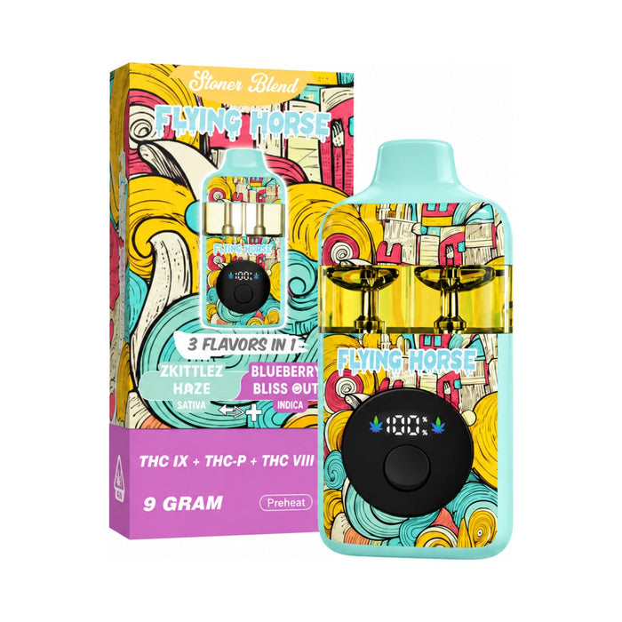 Flying Horse Stoner Blend 3 in 1 Hemp Disposable Vape 9g Zkittlez Haze and Blueberry Bliss Out front | CBDdatabase.com