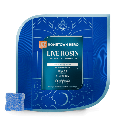 Hometown Hero Live Rosin Delta 9 Gummies Blueberry Grand Daddy Purple 25mg (10 Count) | CBDdatabase.com