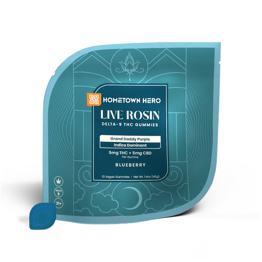 Hometown Hero Live Rosin Delta 9 + CBD Gummies Blueberry Grand Daddy Purple 5mg (10 Count) | CBDdatabase.com