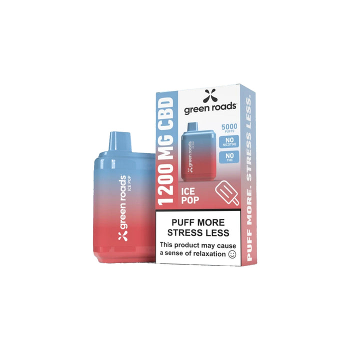 Green Roads CBD Puffs Ice Pop disposable vape and box, 1200mg CBD