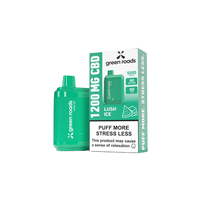 Green Roads CBD Puffs Lush Ice disposable vape and box, 1200mg CBD