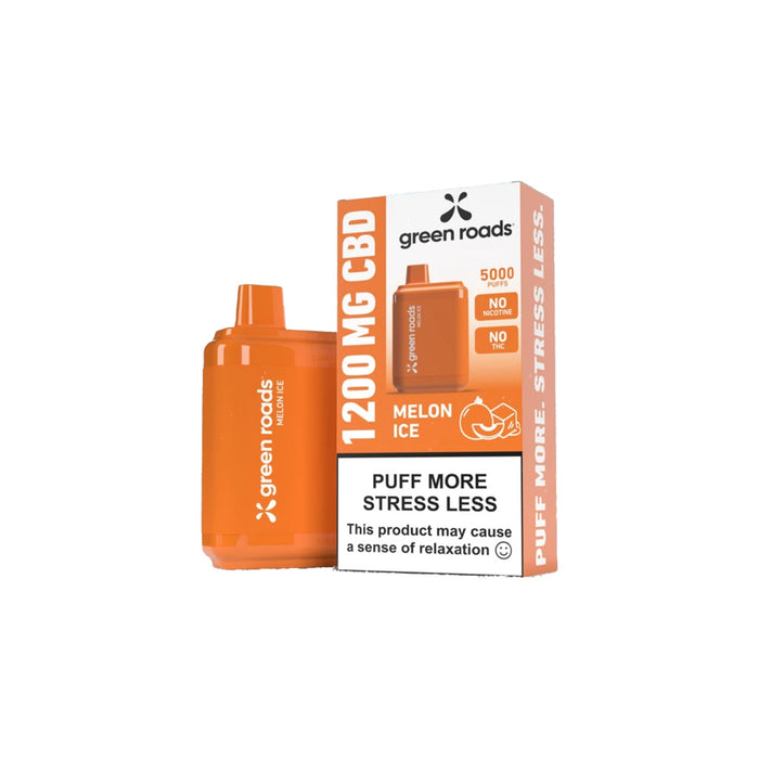 Green Roads CBD Puffs Melon Ice disposable vape and box, 1200mg CBD