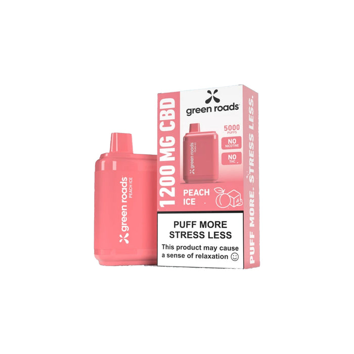 Green Roads CBD Puffs Peach Ice disposable vape and box, 1200mg CBD