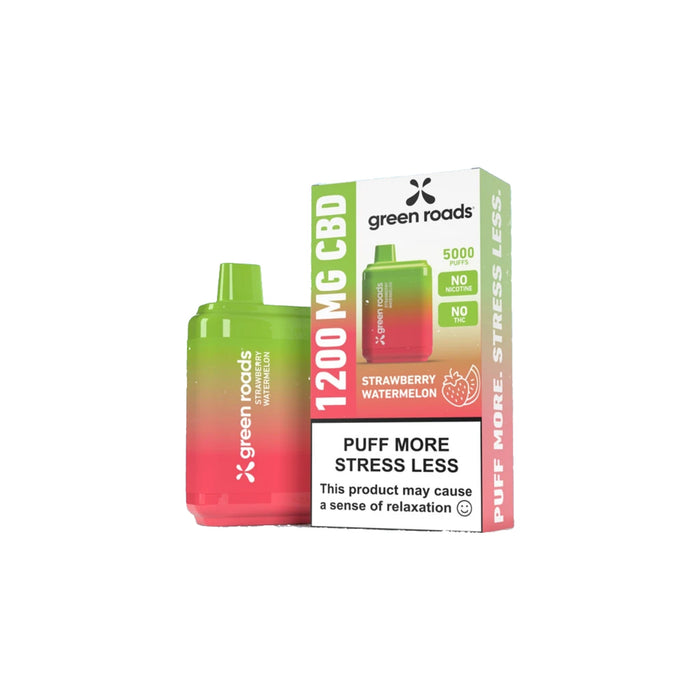 Green Roads CBD Puffs Strawberry Watermelon disposable vape and box, 1200mg CBD