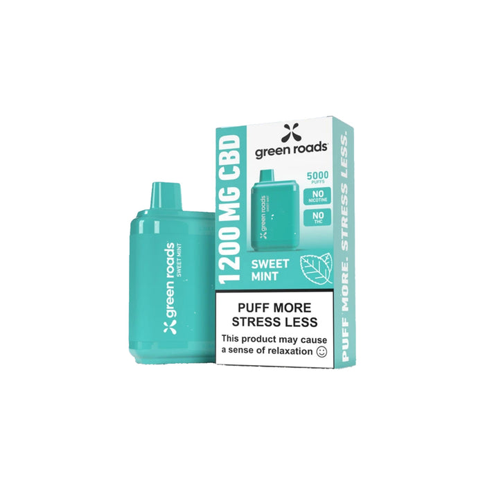 Green Roads CBD Puffs Sweet Mint disposable vape and box, 1200mg CBD