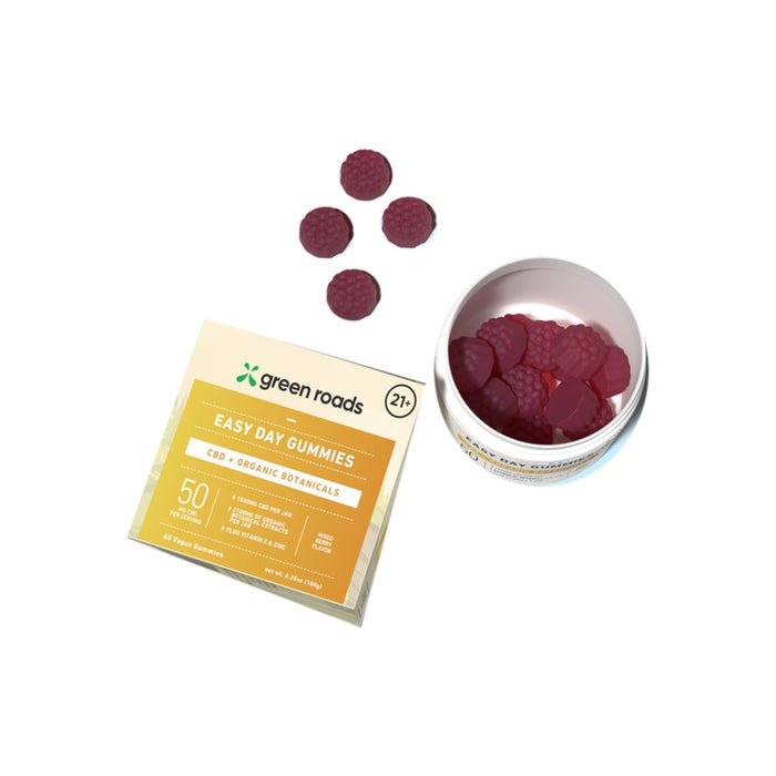 Green Roads Easy Day CBD Gummies 1500mg (60 Count) box, jar and gummies | CBDdatabase.com