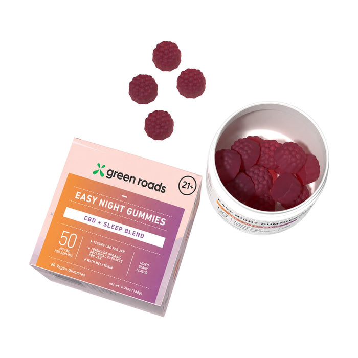 Green Roads Easy Night CBD Gummies with Melatonin 1500mg (60 Count) box, jar and gummies | CBDdatabase.com
