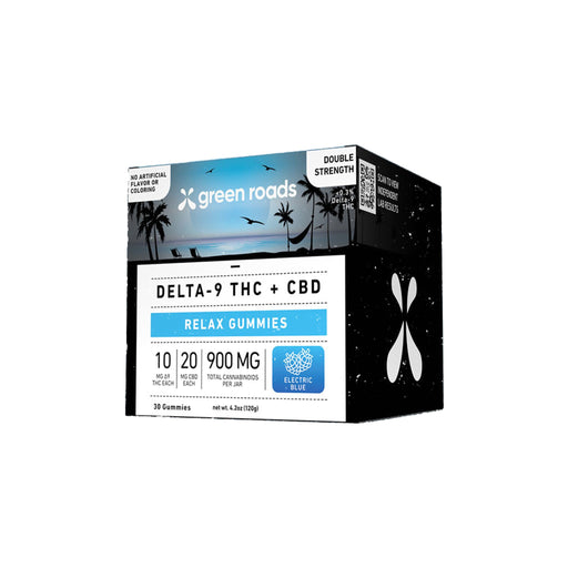 Green Roads Electric Blue Delta 9 THC and CBD Relax Gummies (30 Count) front | CBDdatabase.com