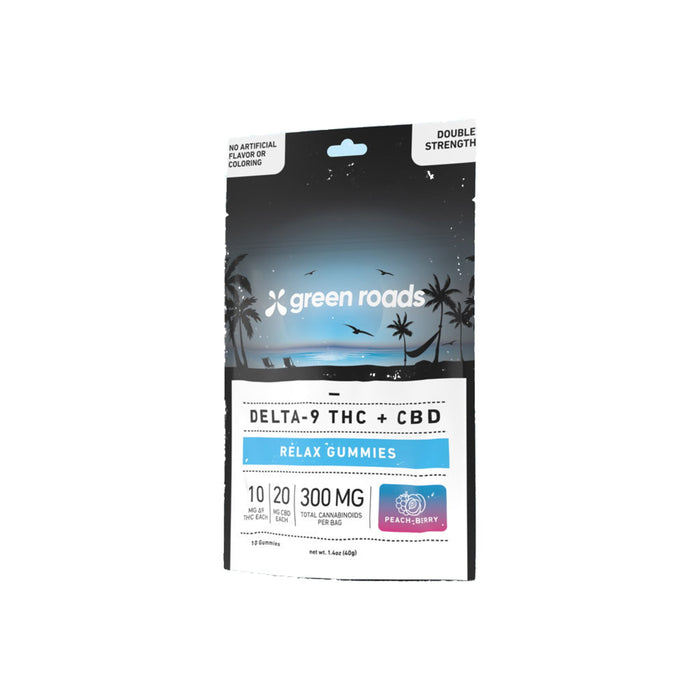 Green Roads Peach-Berry Delta 9 THC and CBD Relax Gummies (10 and 30 Count) 10 Count front | CBDdatabase.com