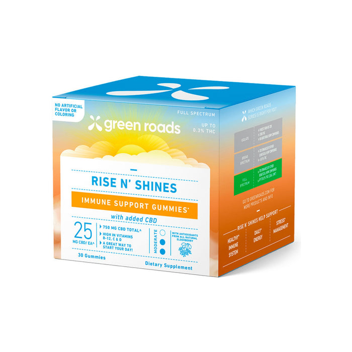 Green Roads Rise N' Shines CBD Gummies with Vitamin D 30 Count front | CBDdatabase.com