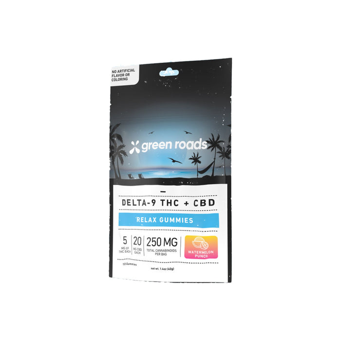 Green Roads Watermelon Punch Delta 9 THC and CBD Relax Gummies (10 and 30 Count) 10 Count front | CBDdatabase.com