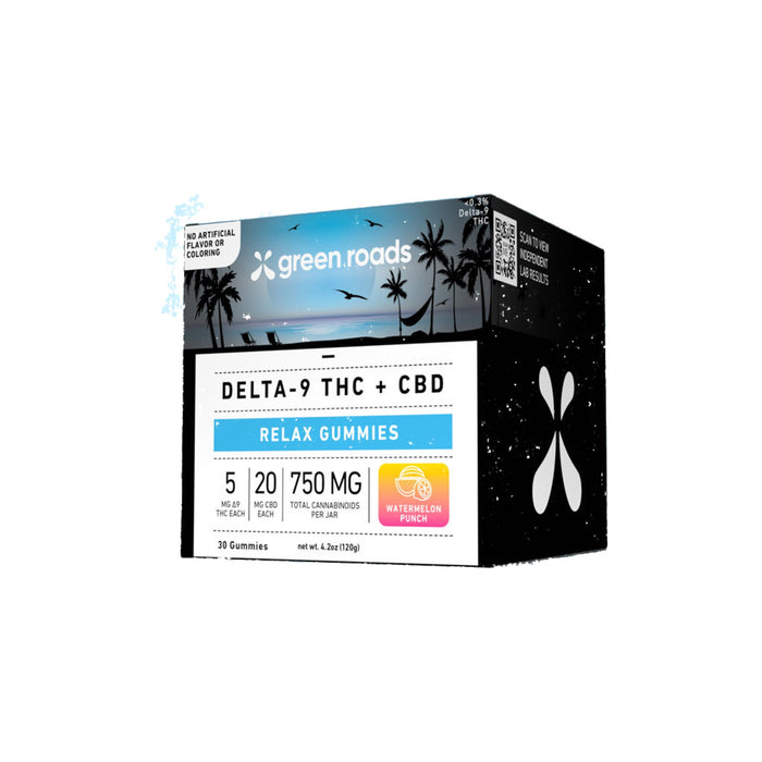 Green Roads Watermelon Punch Delta 9 THC and CBD Relax Gummies (10 and 30 Count) 30 Count front | CBDdatabase.com