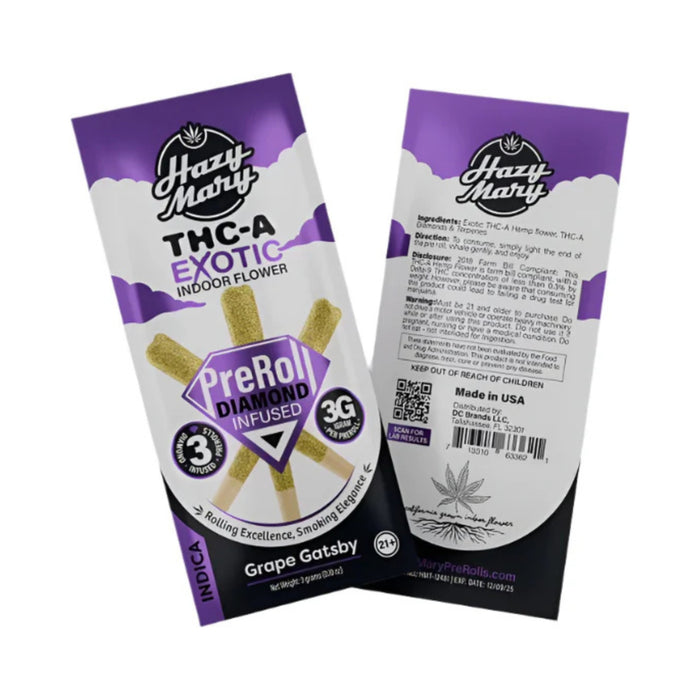 Hazy Mary Exotic Indoor Hemp THCA Diamond Infused Pre-Rolls 3g (3 Count) Grape Gatsby