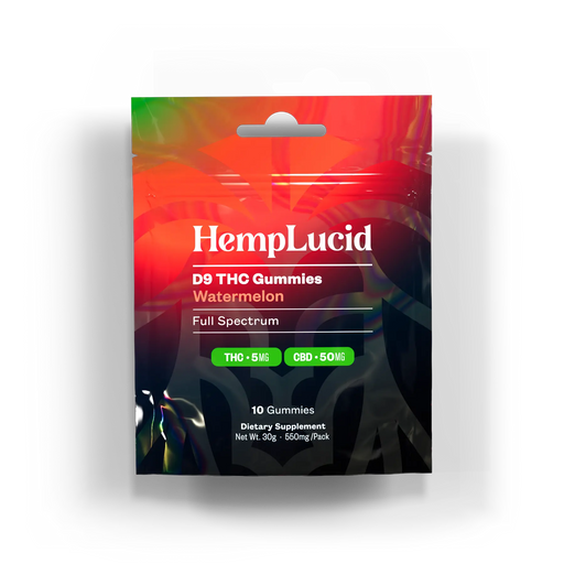 HempLucid Delta 9 THC Gummies Watermelon 10 count bag, front | CBDdatabase.com