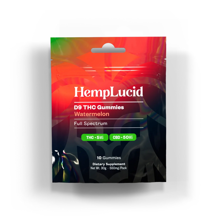 HempLucid Delta 9 THC Gummies Watermelon 10 count bag, front | CBDdatabase.com