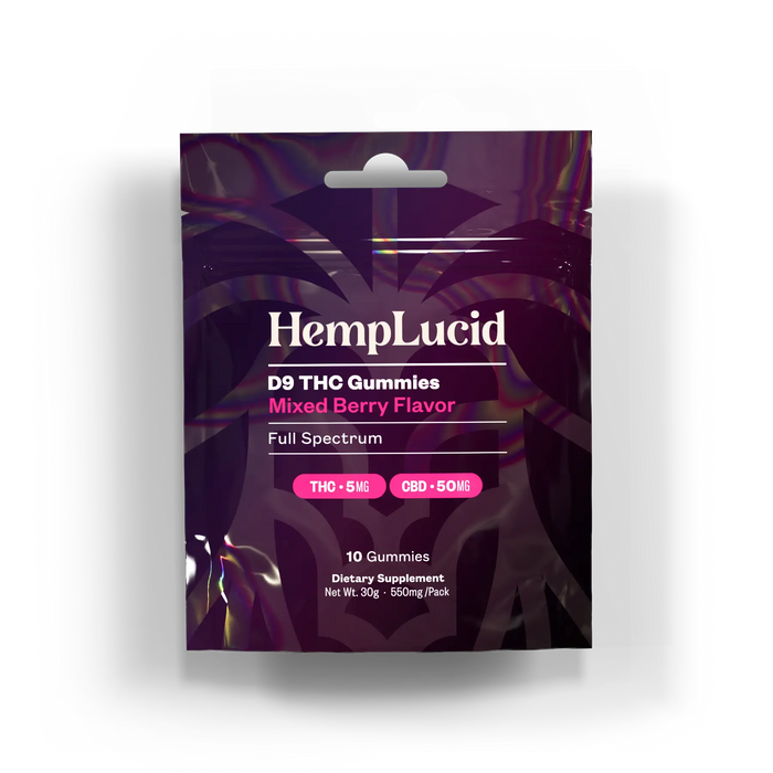 HempLucid Delta 9 THC Gummies Mixed Berry 10 count bag, front | CBDdatabase.com