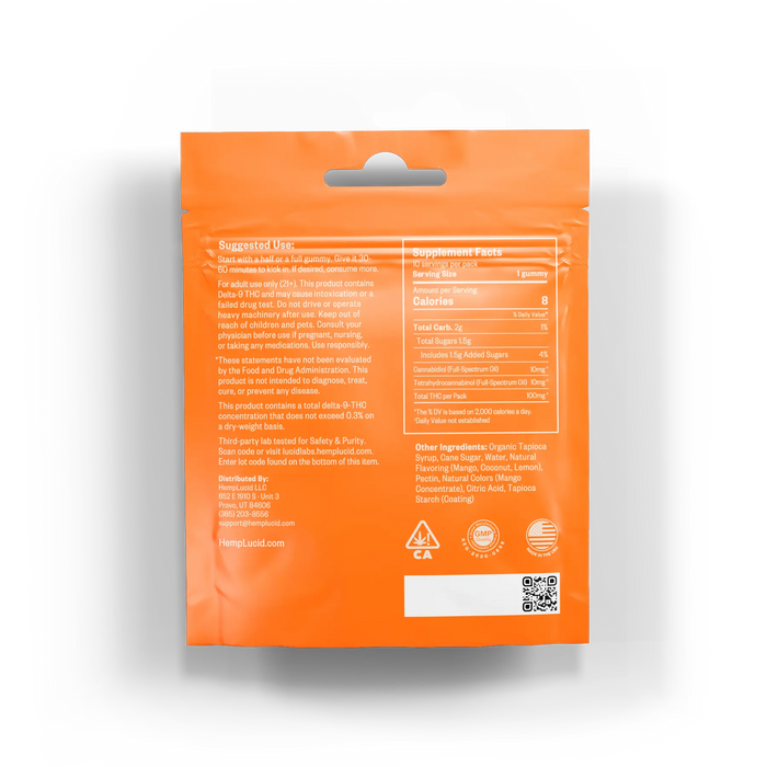 HempLucid Delta 9 THC Gummies Tropical Paradise 10 count bag, back label | CBDdatabase.com