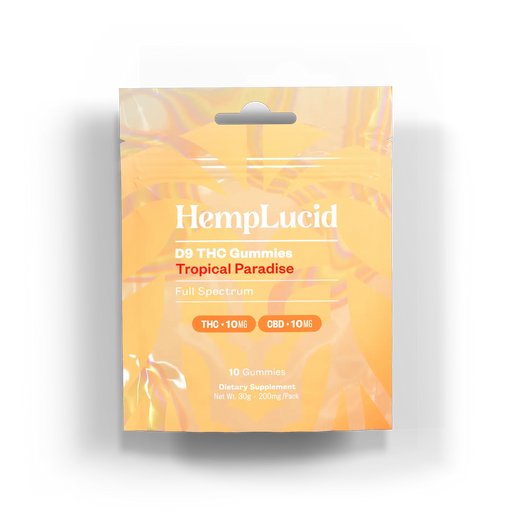 HempLucid Delta 9 THC Gummies Tropical Paradise 10 count bag, front | CBDdatabase.com