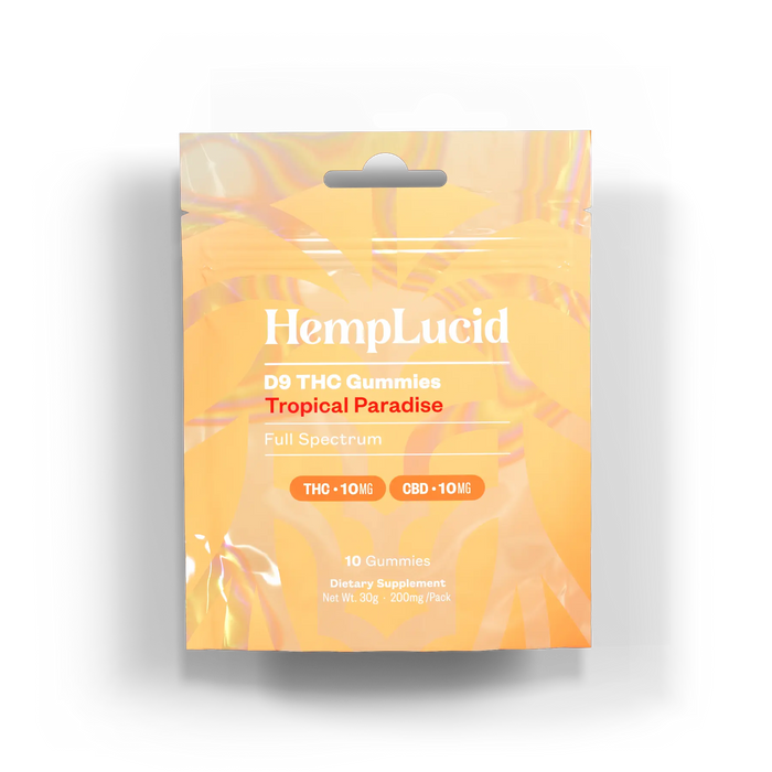 HempLucid Delta 9 THC Gummies Tropical Paradise 10 count bag, front | CBDdatabase.com