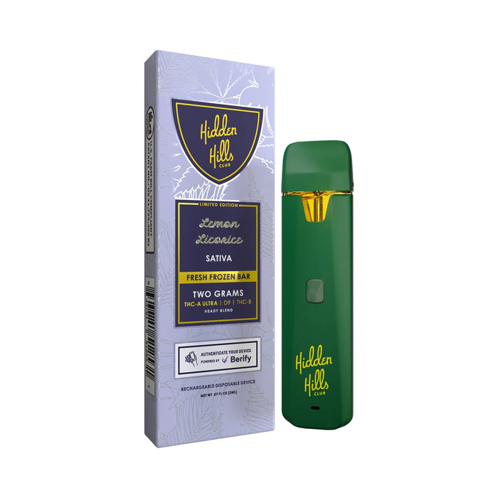 Hidden Hills Club Heady Blend THCA Delta 9 and THC-B Disposable Vape 2g Lemon Licorice