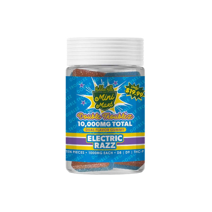 Hidden Hills Mini Mart Double Troublez Gummies 10000mg (10 Count) Electric Razz front | CBDdatabase.com