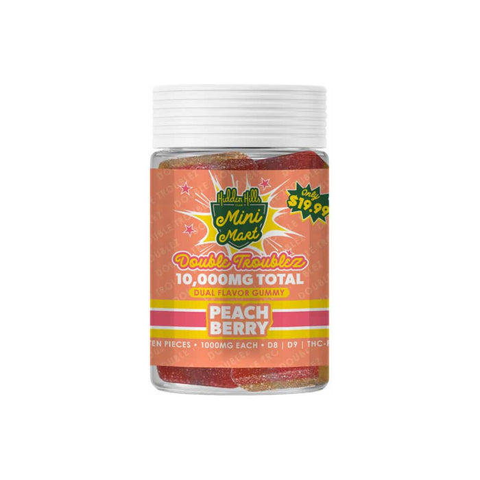 Hidden Hills Mini Mart Double Troublez Gummies 10000mg (10 Count) Peach Berry front | CBDdatabase.com