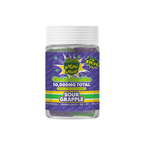 Hidden Hills Mini Mart Double Troublez Gummies 10000mg (10 Count) Sour Grapple front | CBDdatabase.com