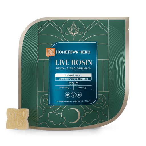 Hometown Hero Absolute Live Rosin Delta 9 Gummies Indica 25mg (10 Count) | CBDdatabase.com