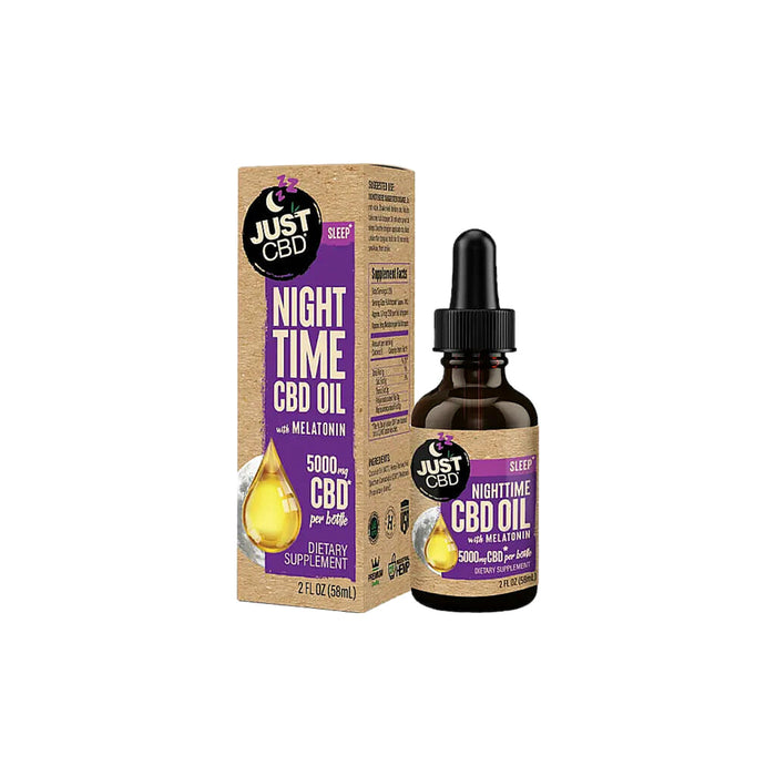 JustCBD Nighttime CBD Oil with Melatonin 5000mg 2 fl oz (58mL) bottle and box