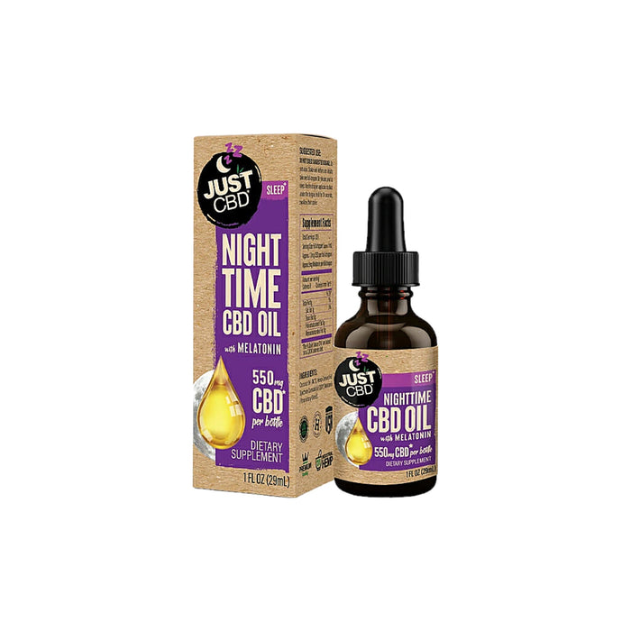JustCBD Nighttime CBD Oil with Melatonin 550mg 1 fl oz (29mL) bottle and box
