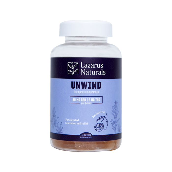 Lazarus Naturals Unwind Full Spectrum CBD and THC Gummies Passion Fruit 40 Count