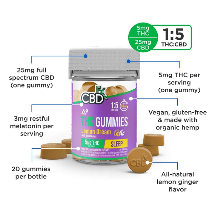 CBDfx Lemon Dream THC Gummies with CBD & Melatonin (20 & 40 Count)
